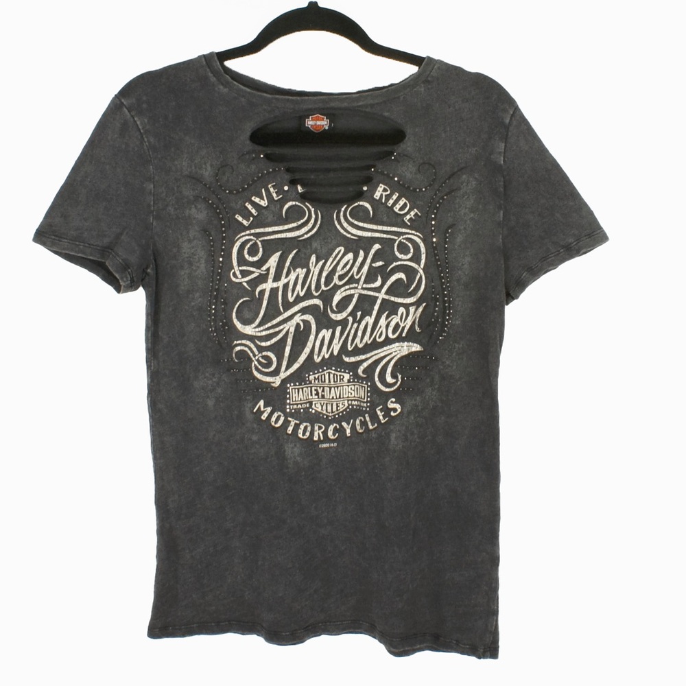 Harley Davidson Distressed Cutout Bedazzled Grunge Biker Short Sleeve Shirt Top